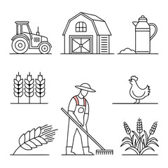 &ldquo;Flat outline farming icons &mdash; tractor, barn, wheat, cow, chicken, milk jug, vegetables, farmer, plow, irrigation &mdash; thin stroke vector, clean set.&rdquo;