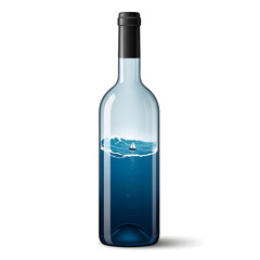 A solitary sailboat navigates the vast blue ocean contained within a clear glass wine bottle, symbolizing freedom and exploration