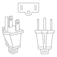 Type B power plug and socket vector illustration in front, side (isometric), and top views, with two flat parallel pins and ground pin, perfect for travel guides, adapters, and electrical resources.