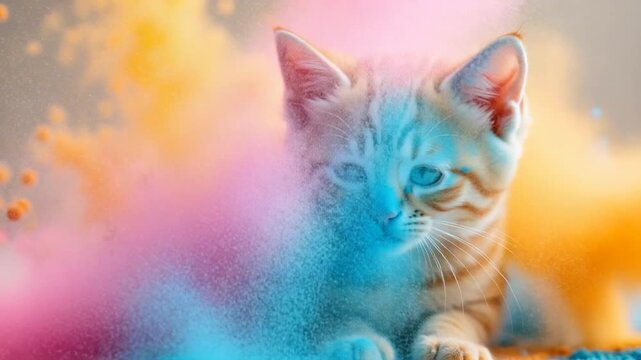 Orange tabby cat with colorful powder explosions.