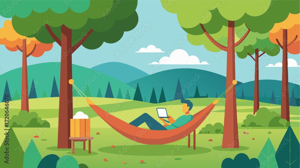 Poster a freelancer setting up a hammock between two trees in a serene meadow using it as their temporary o