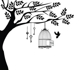 a beautiful silhouetted tree with a bird cage hanging from one of the branches, intricate leaf patterns, minimalist, black and white, detailed, digital art, illustration
