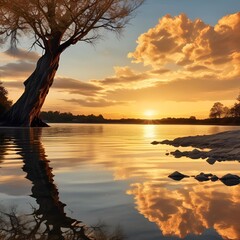 sunset, lake, water, sky, landscape, nature, sun, sunrise, reflection, clouds, beautiful, evening, summer