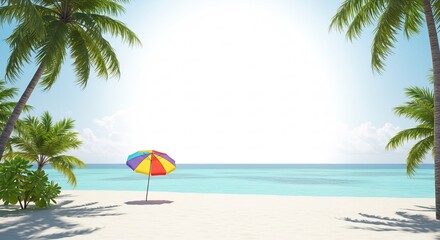 Spiaggia tropicale soleggiata ombrellone colorato rilassante. AI Generated
