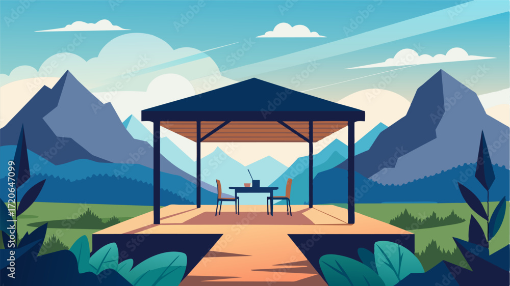 Poster an openair pavilion with a breathtaking view of the surrounding mountains and a desk and chair for w