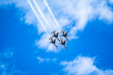Air show planes flying in formation in blue sky