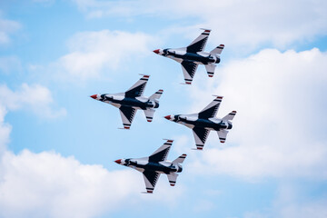 Air show planes flying in formation in blue sky