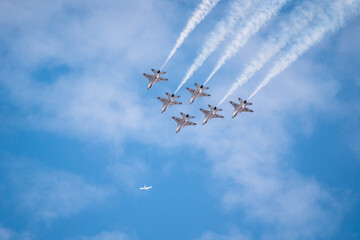 Air show planes flying in formation in blue sky