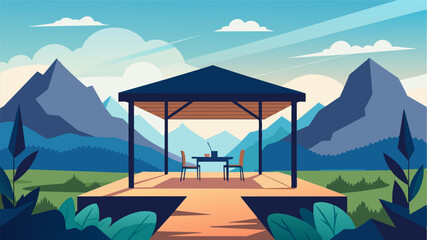 Naklejka premium An openair pavilion with a breathtaking view of the surrounding mountains and a desk and chair for work.. Vector illustration