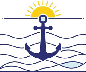 Naklejka premium Nautical Anchor with Sun and Waves Illustration