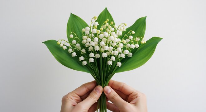 Mani delicate stringono dolcemente mazzo mughetti luce morbida sfondo neutro. AI Generated