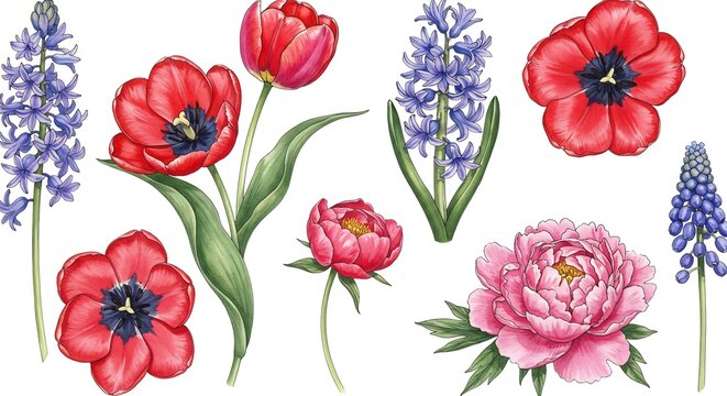 Fiori primavera delicati acquarello stile botanico dettagliato. AI Generated