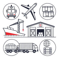 &ldquo;Minimal transport icons &mdash; truck, cargo ship, airplane, train, warehouse, pallet, barcode, delivery van, crane hook, global trade &mdash; outline vector.&rdquo;