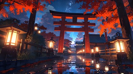 A serene Japanese shrine scene with a torii gate, glowing lanterns, autumn maple trees, and a starry twilight sky reflecting Cartoon anime