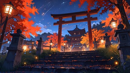 A serene Japanese shrine scene with a torii gate, glowing lanterns, autumn maple trees, and a starry twilight sky reflecting Cartoon anime