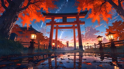 A serene Japanese shrine scene with a torii gate, glowing lanterns, autumn maple trees, and a starry twilight sky reflecting Cartoon anime