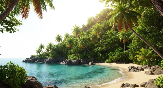 Spiaggia tropicale soleggiata acqua cristallina palme onde gentili. AI Generated