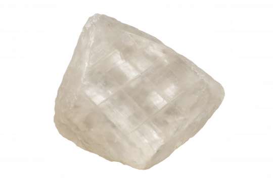 Calcite mineral specimen showing rhombohedral cleavage and translucency, optical crystal for geology on transparent background