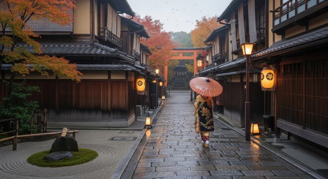 Traditional Japanese street in autumn with a geisha walking under an umbrella, illuminated by lanterns during dusk in Kyoto. - Powered by Adobe