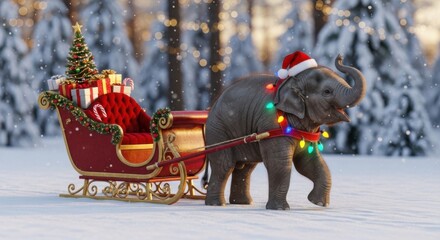 Festive elephant wearing a Santa hat and Christmas lights, pulling a vintage sleigh filled with gifts through a snowy forest.