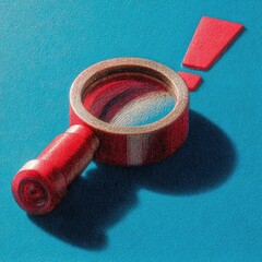 Red magnifying glass on teal, exclamation