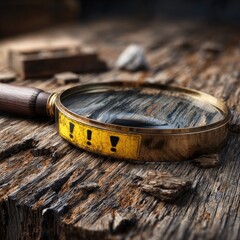 Antique magnifying glass with exclamation marks on a weathered wooden surface
