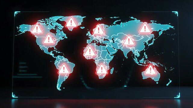 World map displaying red warning signs over various continents, indicating potential global threats and concerns about international security, creating a tense atmosphere.
