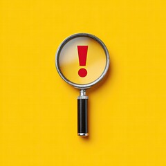 Magnifying glass focusing on exclamation mark on yellow background