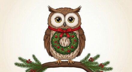 Adorable illustration of an owl wearing a Christmas wreath and bow, perched on a festive pine branch with berries.