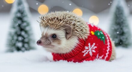 Cute hedgehog wearing a red Christmas sweater with a snowflake pattern, sitting in fresh snow with festive lights.