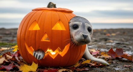 Curious baby seal peeking out of a carved Halloween pumpkin on an autumn beach surrounded by colorful leaves.