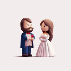 A newlywed couple getting married, 3D cute characters of lovers. For concepts of proposal, wedding, Valentine's Day. Vector illustration. 