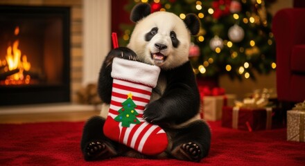 Charming panda bear holding a traditional Christmas stocking by a cozy fireplace with a decorated Christmas tree.