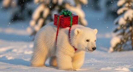 Cute polar bear cub with a festive red Christmas gift wrapped with green ribbon on its back, walking in snow.