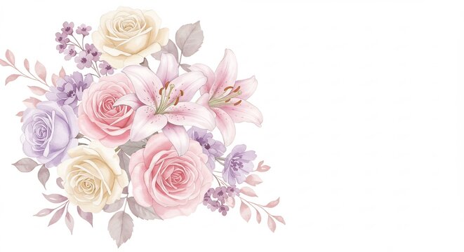 Rose delicate gigli pastello luce soffusa composizione floreale romantica. AI Generated