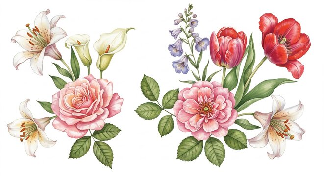 Fiori delicati acquerello rose gigli tulipani composizione floreale elegante. AI Generated