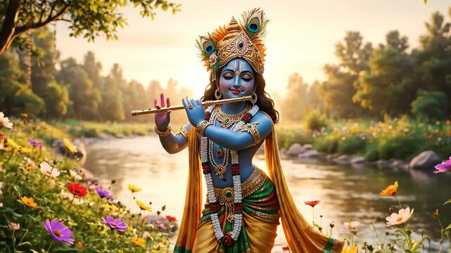 Krishna plays the flute by a serene river surrounded by colorful flowers in a peaceful, divine setting, radiating spirituality and devotion.