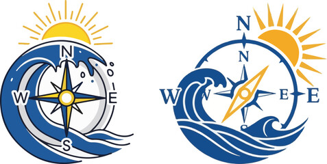 Compass Rose with Wave and Sun Graphic Design