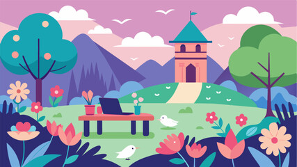 Fototapeta premium A peaceful monastery garden serves as the ideal workspace for a digital nomad surrounded by blooming flowers and chirping birds.. Vector illustration