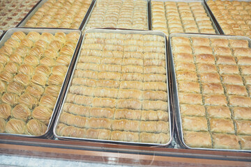 Delicious assortment of baklava displayed in a pastry shop
