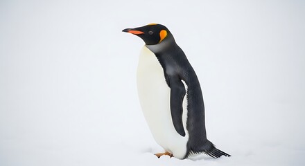 Fototapeta premium A regal emperor penguin stands poised against a pristine white backdrop, showcasing its striking black and white plumage.