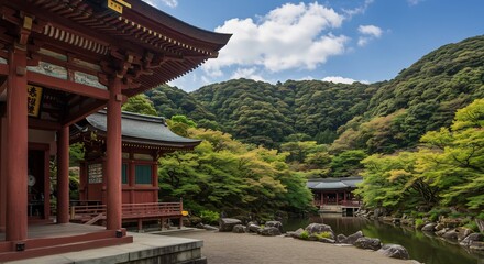 Obraz premium Tempio antico sereno luce solare montagne verdi giardino zen pace. AI Generated