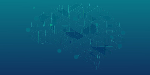 Abstract digital brain structure with glowing lines and nodes on a dark blue gradient background