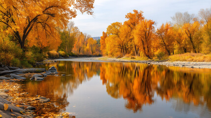 Naklejka premium Autumn river landscape with orange foliage