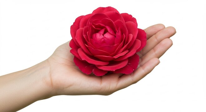 Mano delicata sostiene rosa rossa luce morbida sfondo bianco. AI Generated