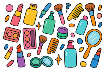 Colorful Makeup and Beauty Products Illustration with Lipstick Brush Compact Mirror and Skincare Bottles