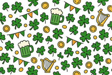 Festive St. Patrick's Day Pattern with Shamrocks Beer Mugs Banners and Coins