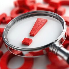 Magnifying glass focuses on a red exclamation point amidst red letters