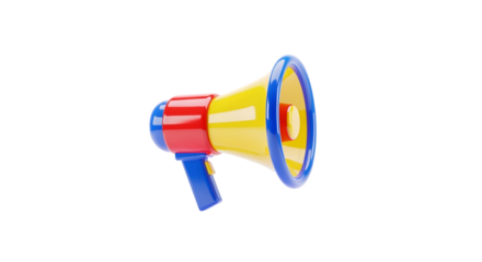 Colorful Plastic Megaphone Toy Bright Yellow Red Blue Handle on Transparent Background