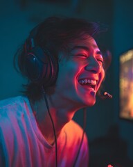 Joyful gamer celebrating victory in vibrant gaming setup home environment close-up view